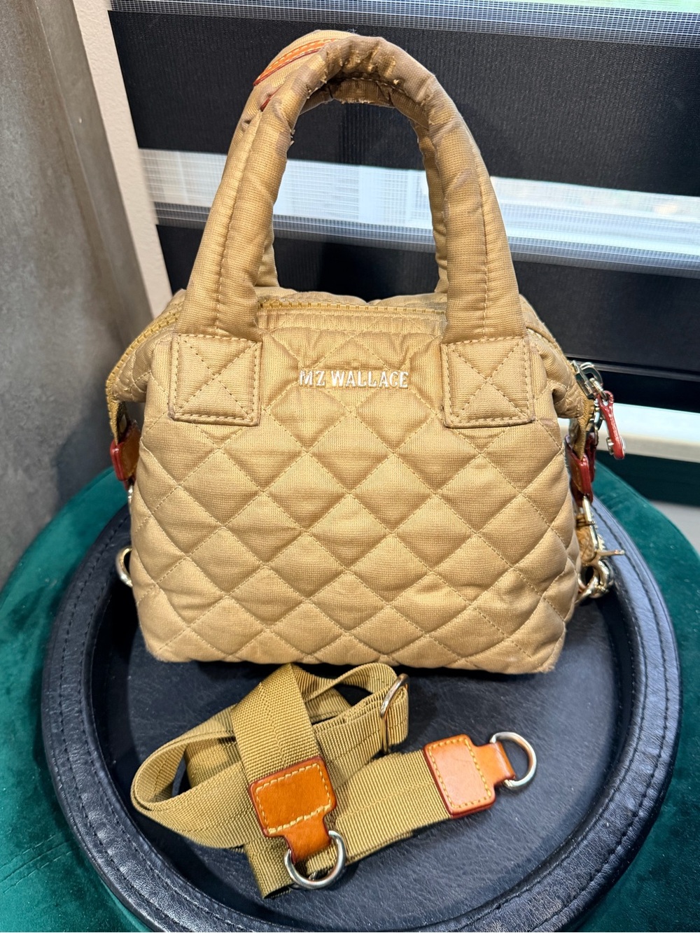 MZ Wallace Micro Sutton Metallic Gold Quilted Nylon Crossbody Satchel Bag